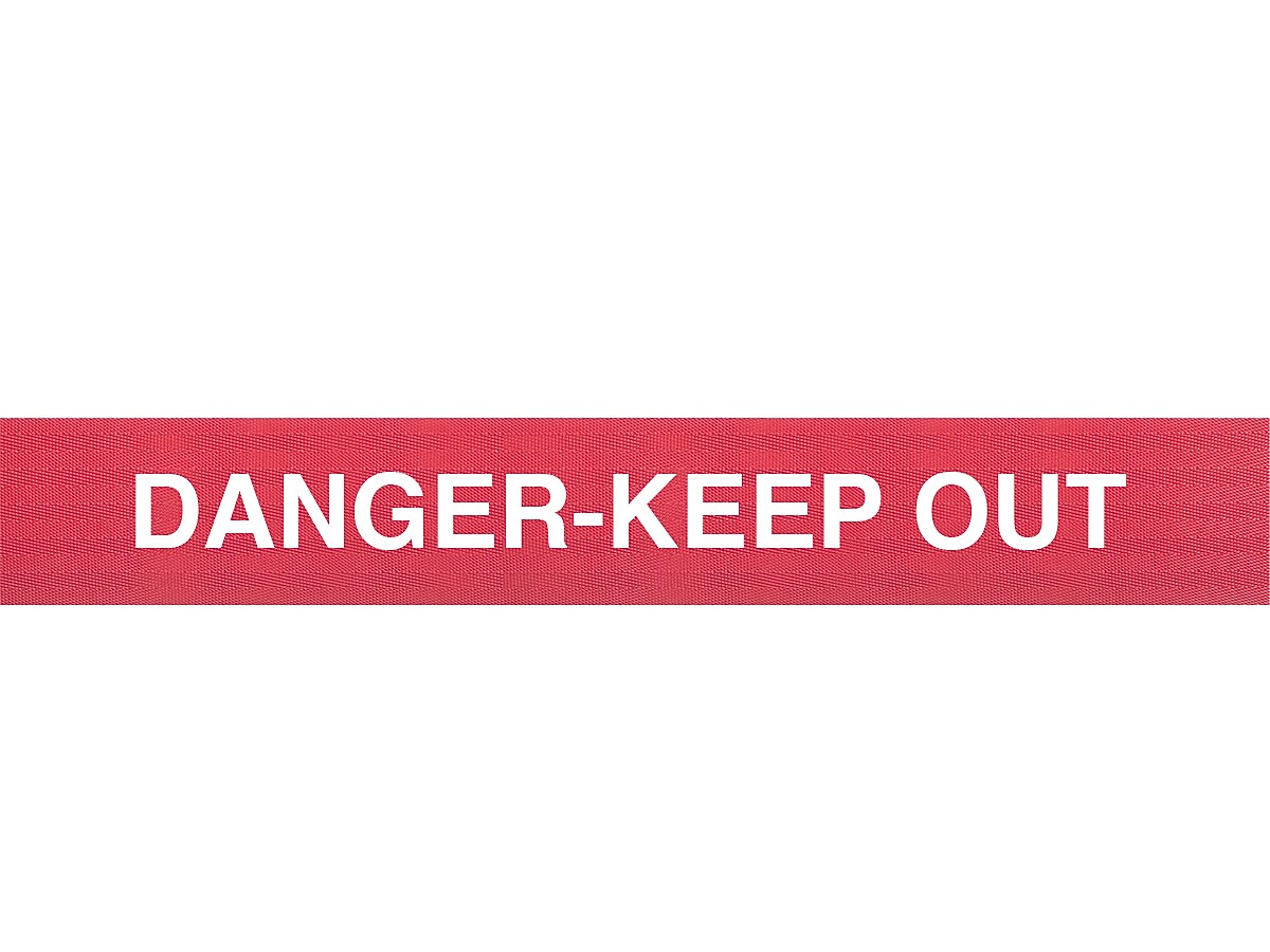 Queue Solutions WeatherMaster 250 2" Orange Nylon Crowd Control Belt Barrier, Red - DANGER KEEP OUT (WMR250O-RWD110)