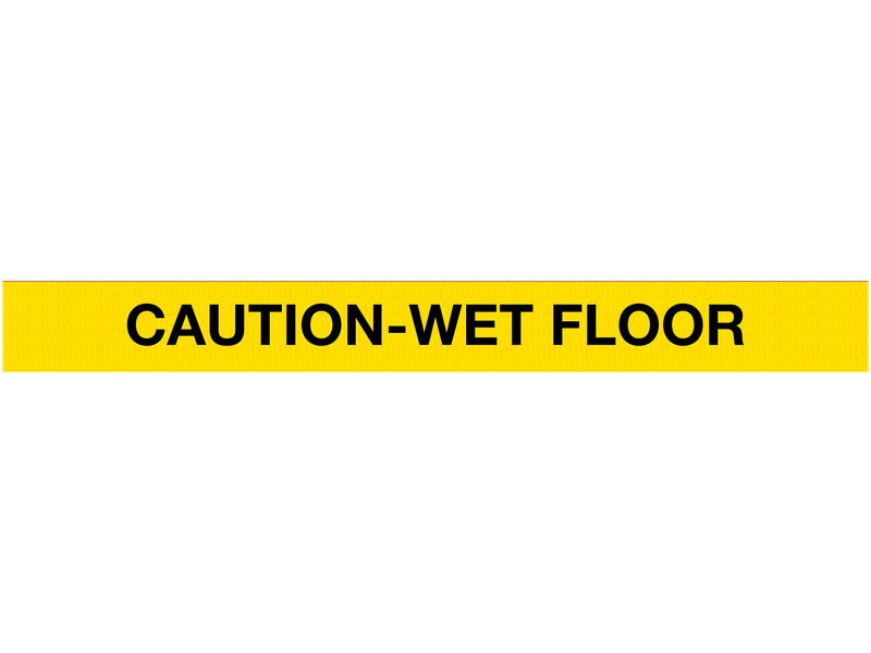 Queue Solutions WeatherMaster 250 2" Orange Nylon Crowd Control Belt Barrier, Yellow - CAUTION WET FLOOR (WMR250O-YBCWF110)