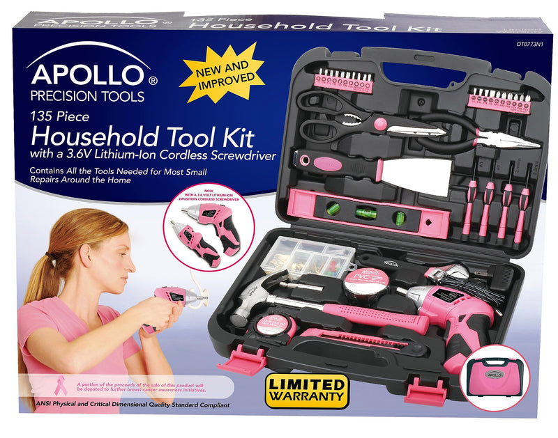 Apollo Tools Household Tool Kit, Pink, 135 Pieces (DT0773N1)