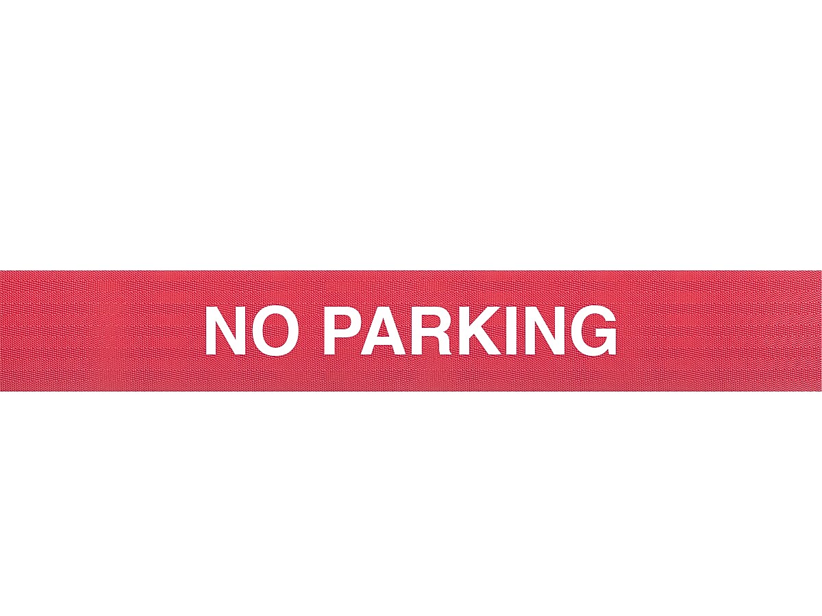 Queue Solutions WeatherMaster 250 2" Orange Nylon Crowd Control Belt Barrier, Red - NO PARKING (WMR250O-RWNP110)
