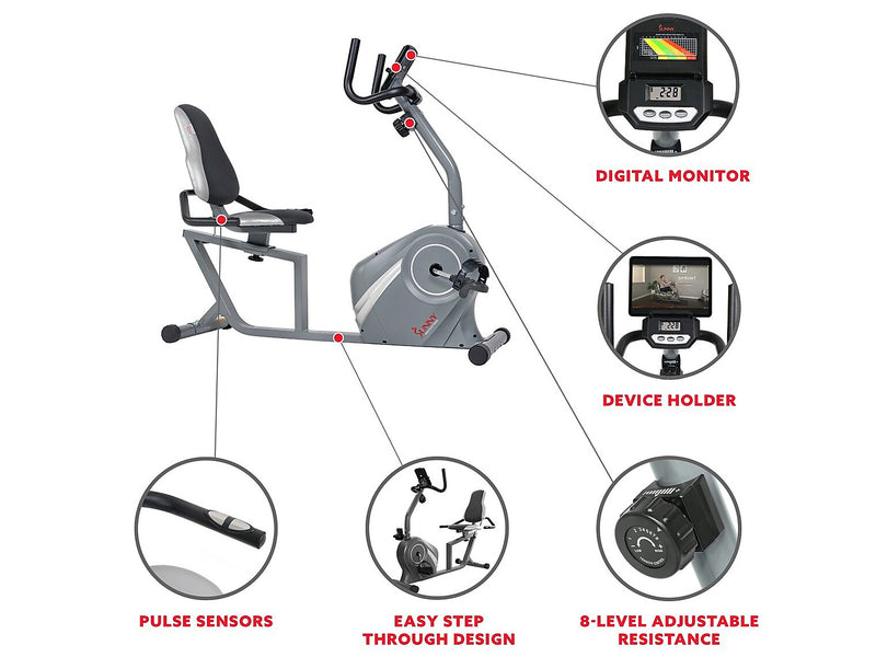Sunny Health and Fitness Magnetic Recumbent Exercise Bike, Gray (SF-RB4876)