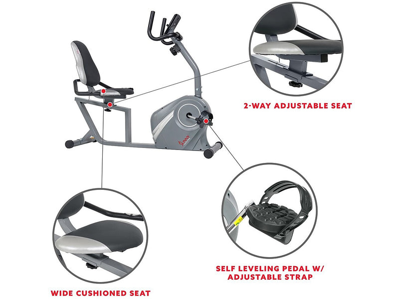 Sunny Health and Fitness Magnetic Recumbent Exercise Bike, Gray (SF-RB4876)