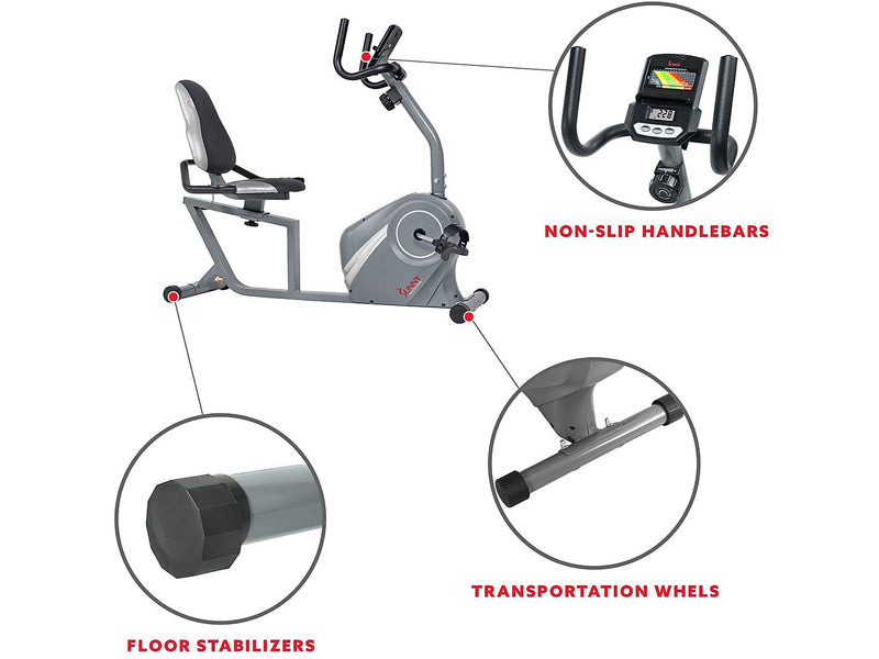 Sunny Health and Fitness Magnetic Recumbent Exercise Bike, Gray (SF-RB4876)
