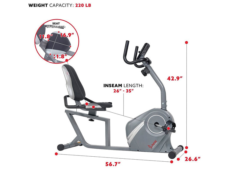 Sunny Health and Fitness Magnetic Recumbent Exercise Bike, Gray (SF-RB4876)