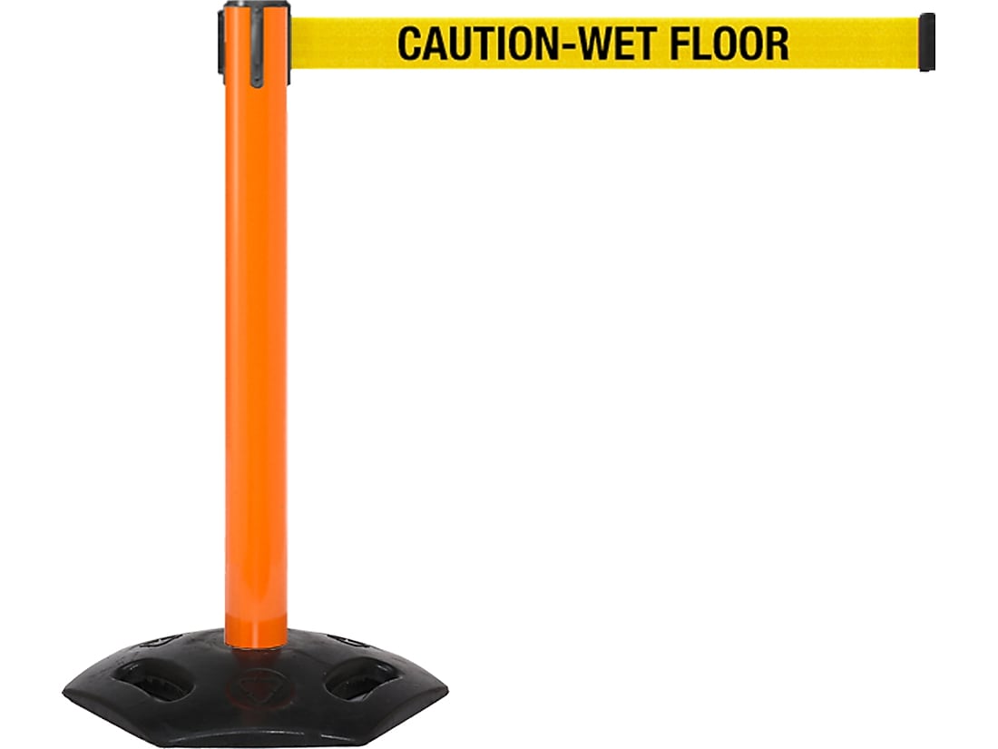 Queue Solutions WeatherMaster 300 2" Steel Crowd Control Belt Barrier, Orange/Yellow, 2/Pack (WMR300O-YBCWF160)