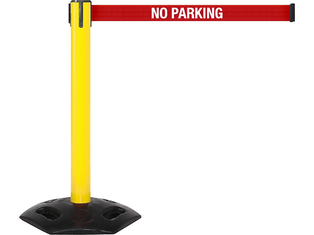 Queue Solutions WeatherMaster 300 2" Yellow Nylon Crowd Control Belt Barrier, Red - NO PARKING (WMR300Y-RWNP160)