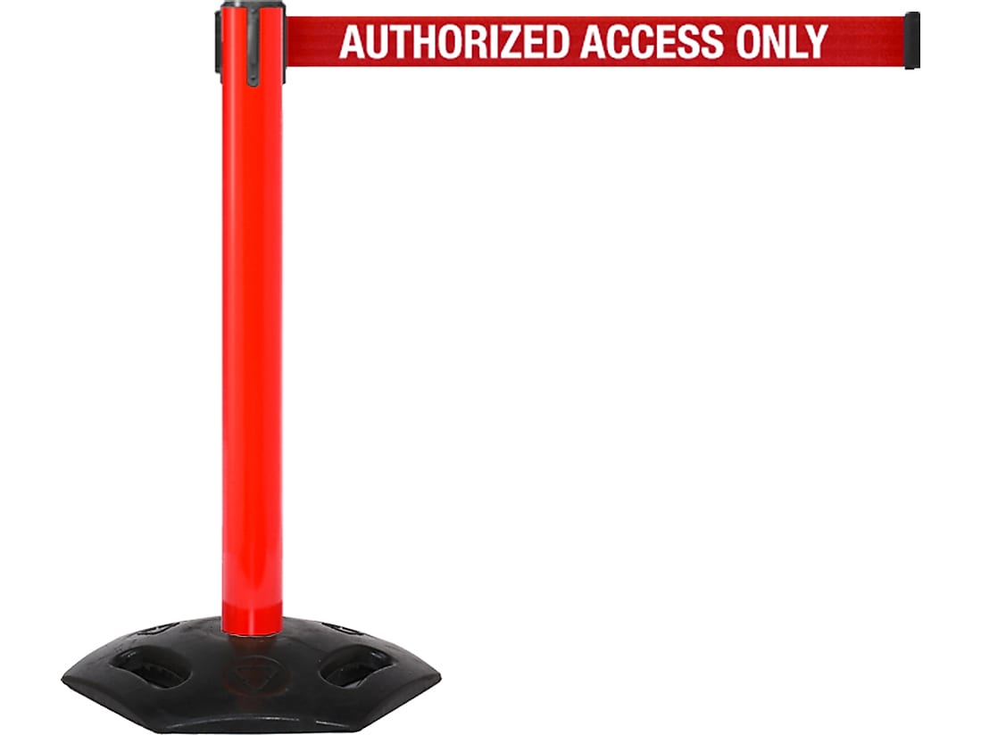 Queue Solutions WeatherMaster 300 2" Red Nylon Crowd Control Belt Barrier, Red - AUTHORIZED ACCESS ONLY (WMR300R-RWA110)