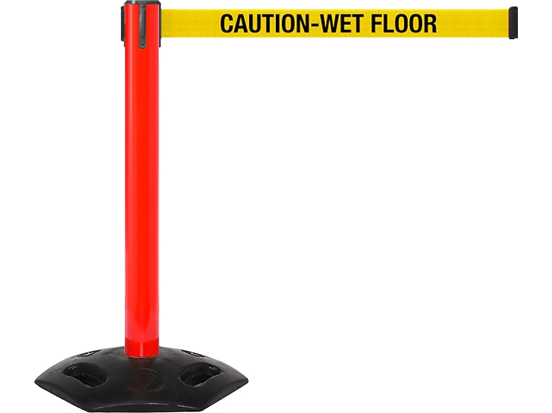 Queue Solutions WeatherMaster 300 2" Red Nylon Crowd Control Belt Barrier, Yellow - CAUTION WET FLOOR (WMR300R-YBCWF110)
