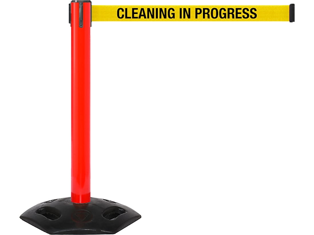 Queue Solutions WeatherMaster 300 2" Red Nylon Crowd Control Belt Barrier, Yellow - CLEANING IN PROGRESS (WMR300R-YBCIP110)