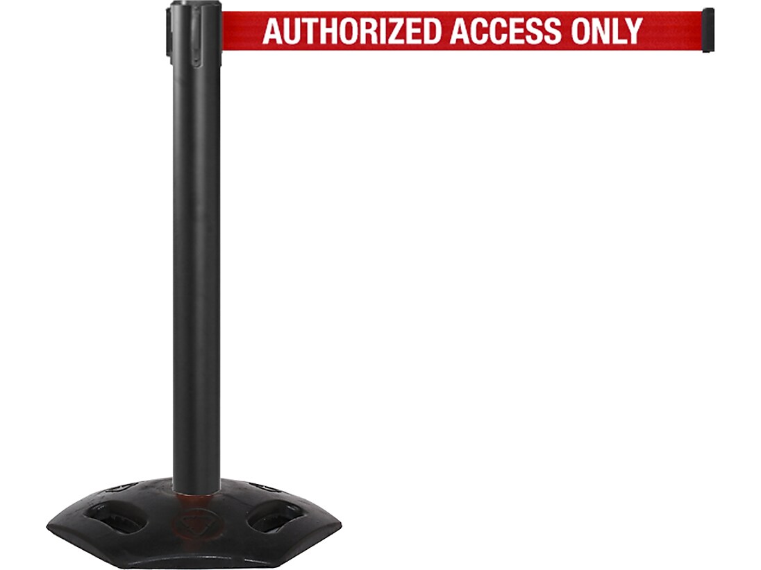 Queue Solutions WeatherMaster 300 2" Black Nylon Crowd Control Belt Barrier, Red - AUTHORIZED ACCESS ONLY (WMR300B-RWA110)