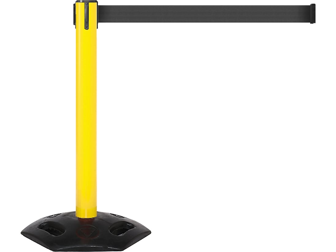 Queue Solutions WeatherMaster 300 2" Yellow Nylon Crowd Control Belt Barrier, Black (WMR300Y-BK160)