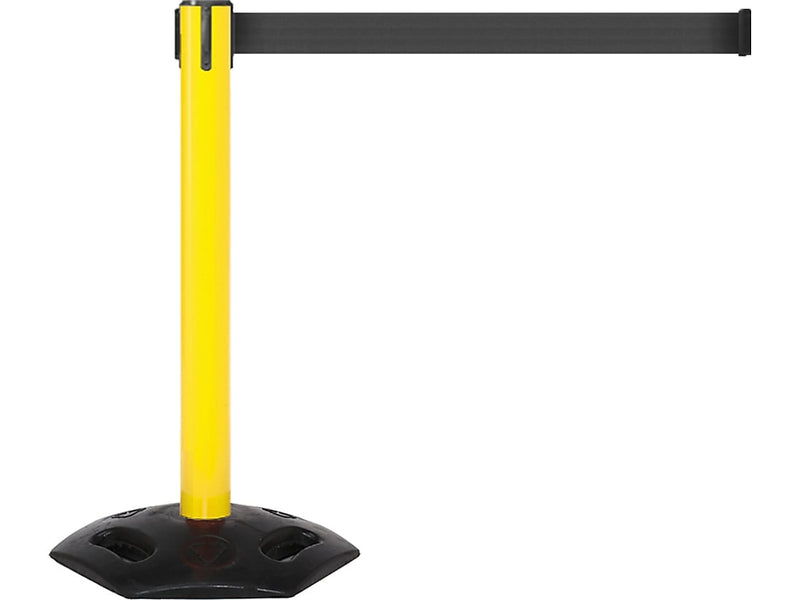 Queue Solutions WeatherMaster 300 2" Yellow Nylon Crowd Control Belt Barrier, Black (WMR300Y-BK160)