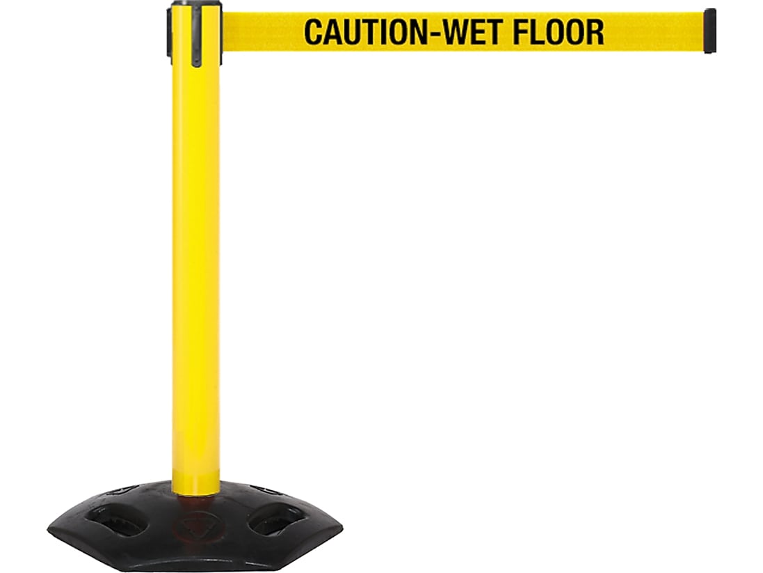 Queue Solutions WeatherMaster 300 2" Yellow Nylon Crowd Control Belt Barrier, Yellow - CAUTION WET FLOOR (WMR300Y-YBCWF110)