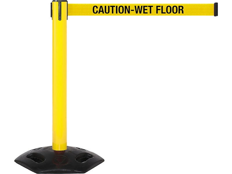 Queue Solutions WeatherMaster 300 2" Yellow Nylon Crowd Control Belt Barrier, Yellow - CAUTION WET FLOOR (WMR300Y-YBCWF110)