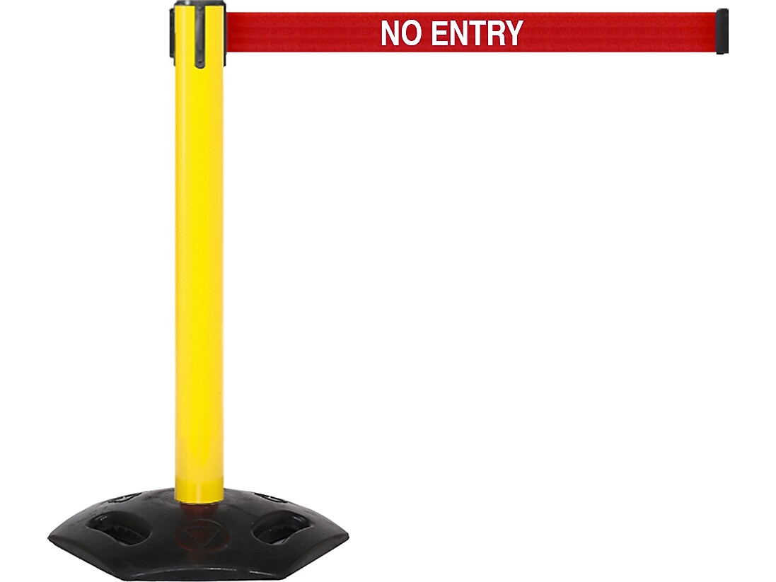 Queue Solutions WeatherMaster 300 2" Yellow Nylon Crowd Control Belt Barrier, Red - NO ENTRY (WMR300Y-RWN160)