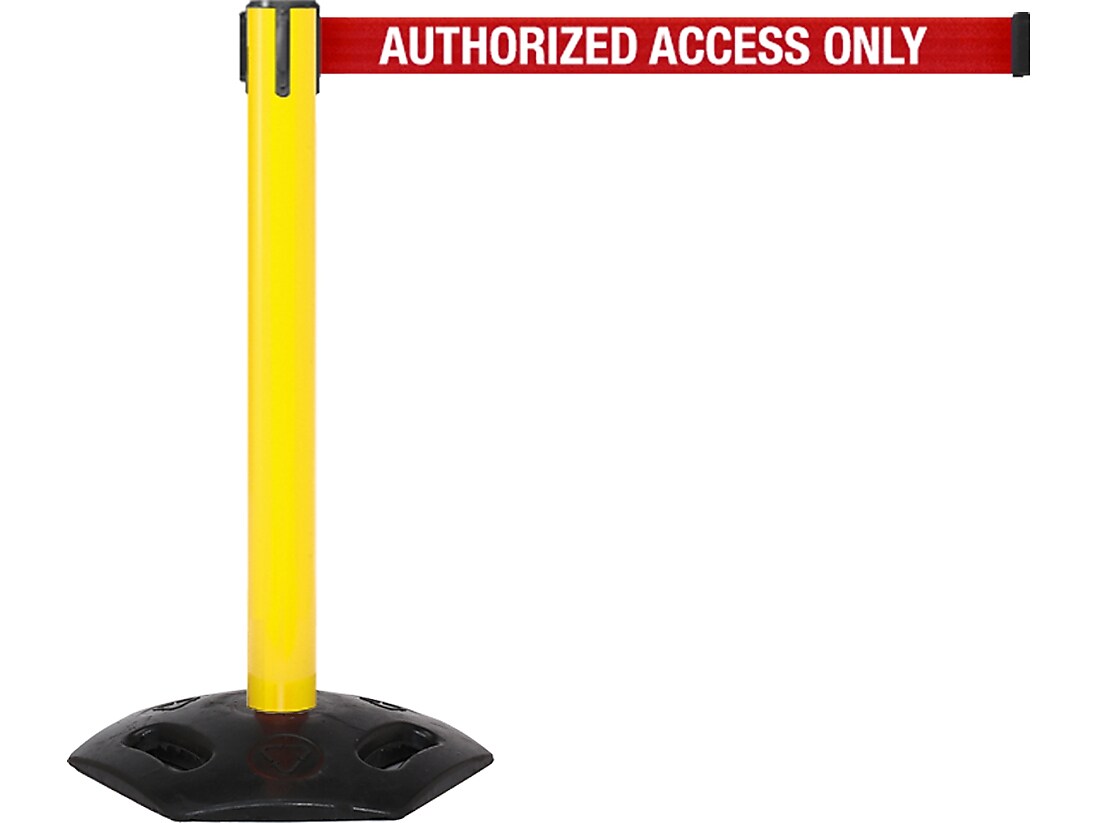 Queue Solutions WeatherMaster 300 2" Yellow Nylon Crowd Control Belt Barrier, Red - AUTHORIZED ACCESS ONLY (WMR300Y-RWA110)