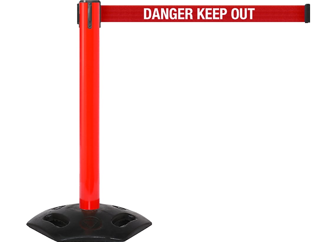 Queue Solutions WeatherMaster 300 2" Red Nylon Crowd Control Belt Barrier, Red - DANGER KEEP OUT (WMR300R-RWD110)