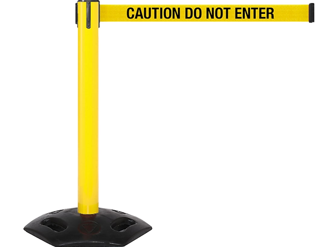 Queue Solutions WeatherMaster 300 2" Yellow Nylon Crowd Control Belt Barrier, Yellow - CAUTION DO NOT ENTER (WMR300Y-YBC110)