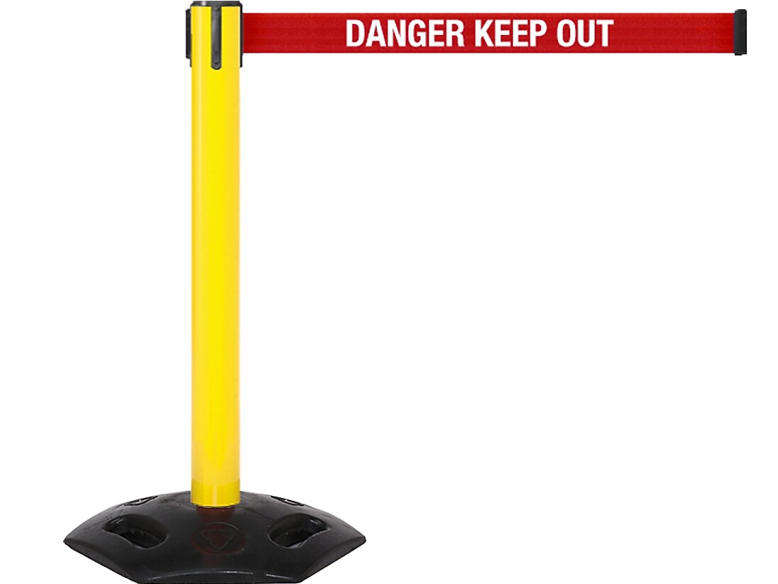 Queue Solutions WeatherMaster 300 2" Yellow Nylon Crowd Control Belt Barrier, Red - DANGER KEEP OUT (WMR300Y-RWD110)