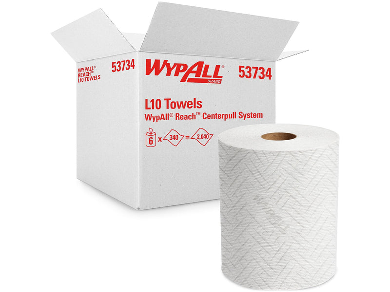 WypAll L10 Cleaning Towels, 7" x 11", White, 340 Sheets/Roll, 6 Rolls/Pack, 6/Carton (53734)