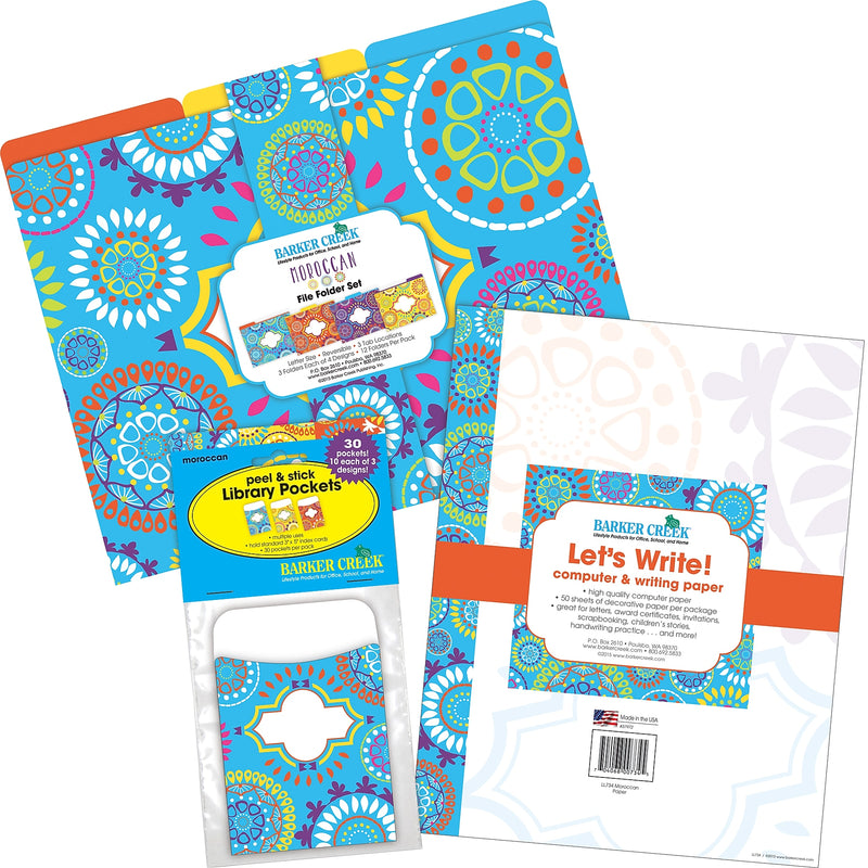 Barker Creek Moroccan File Folders, Computer Paper and Library Pockets, 1/3-Cut Tab, Letter Size, Multicolor, 92/Set(4095)