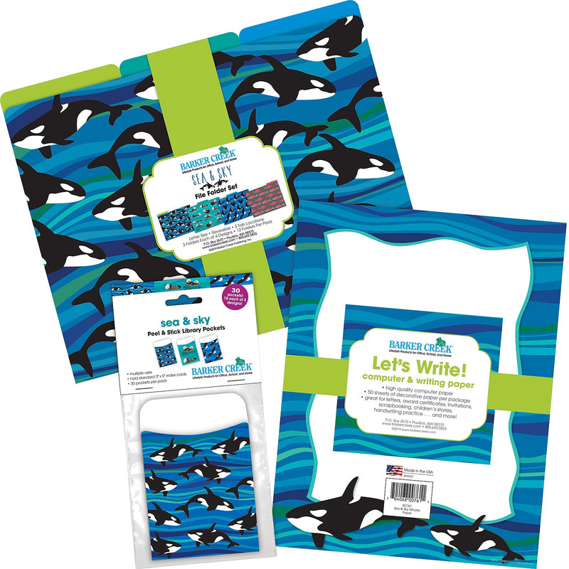 Barker Creek Sea & Sky File Folders, Computer Paper and Library Pockets, 1/3-Cut Tab, Letter Size, Multicolor, 92/Set (4101)