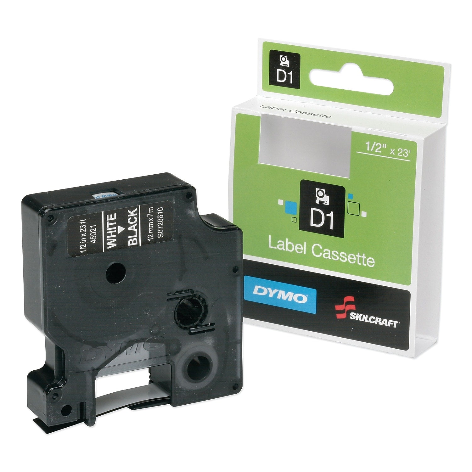 AbilityOne SKILCRAFT 7510016576748 Dymo Label Cassette, 0.5"W, White/Black (NSN6576748)
