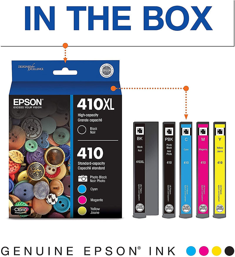 Epson T410XL/T410 Black High Yield & Cyan/Magenta/Yellow/Photo Black Standard Yield Ink Cartridge, 5/Pack (T410XLBCS)