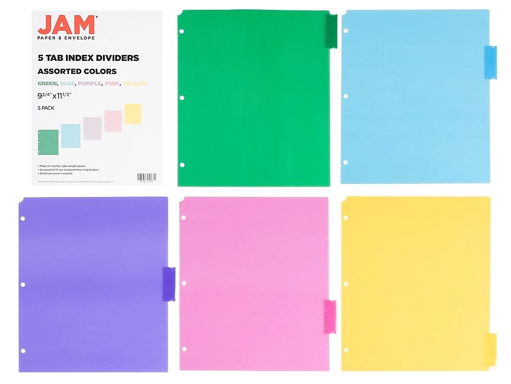 JAM Paper Blank Plastic Dividers, 5-Tab, Assorted Colors, 5 Dividers/Pack (375032921)