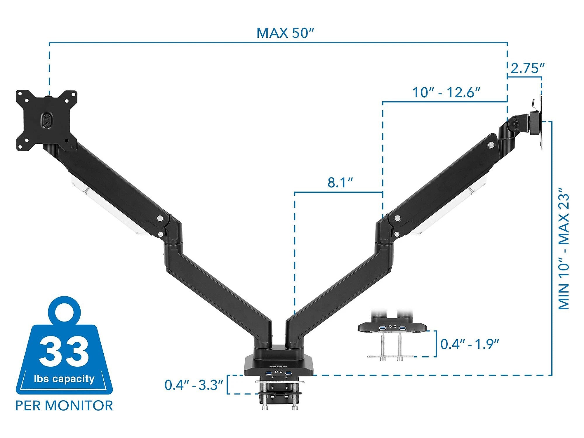 Mount-It! Adjustable Dual-Monitor Mount, Up to 35", Black (MI-4772)