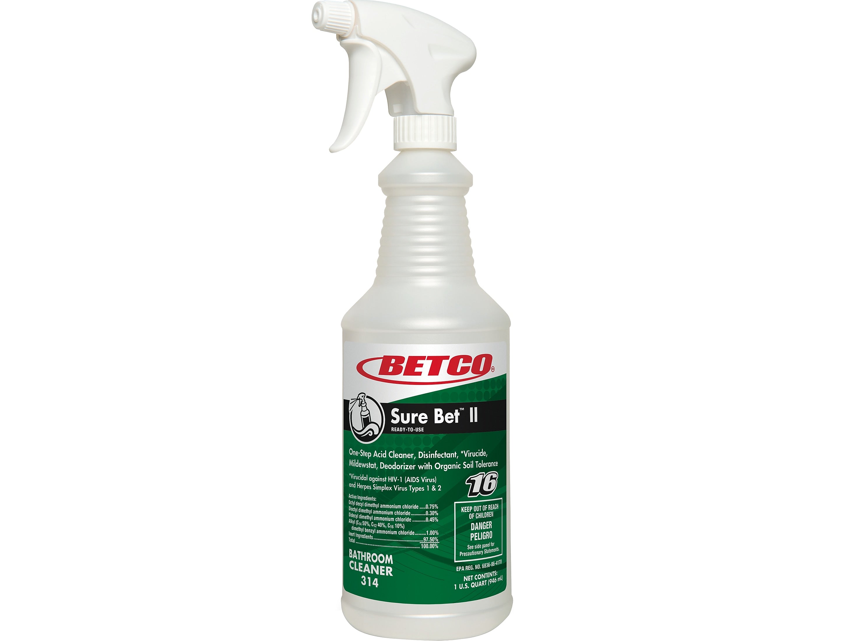 Betco Sure Bet II 32 oz. Spray Bottle with Trigger, White/Green, 12/Carton (3143200)