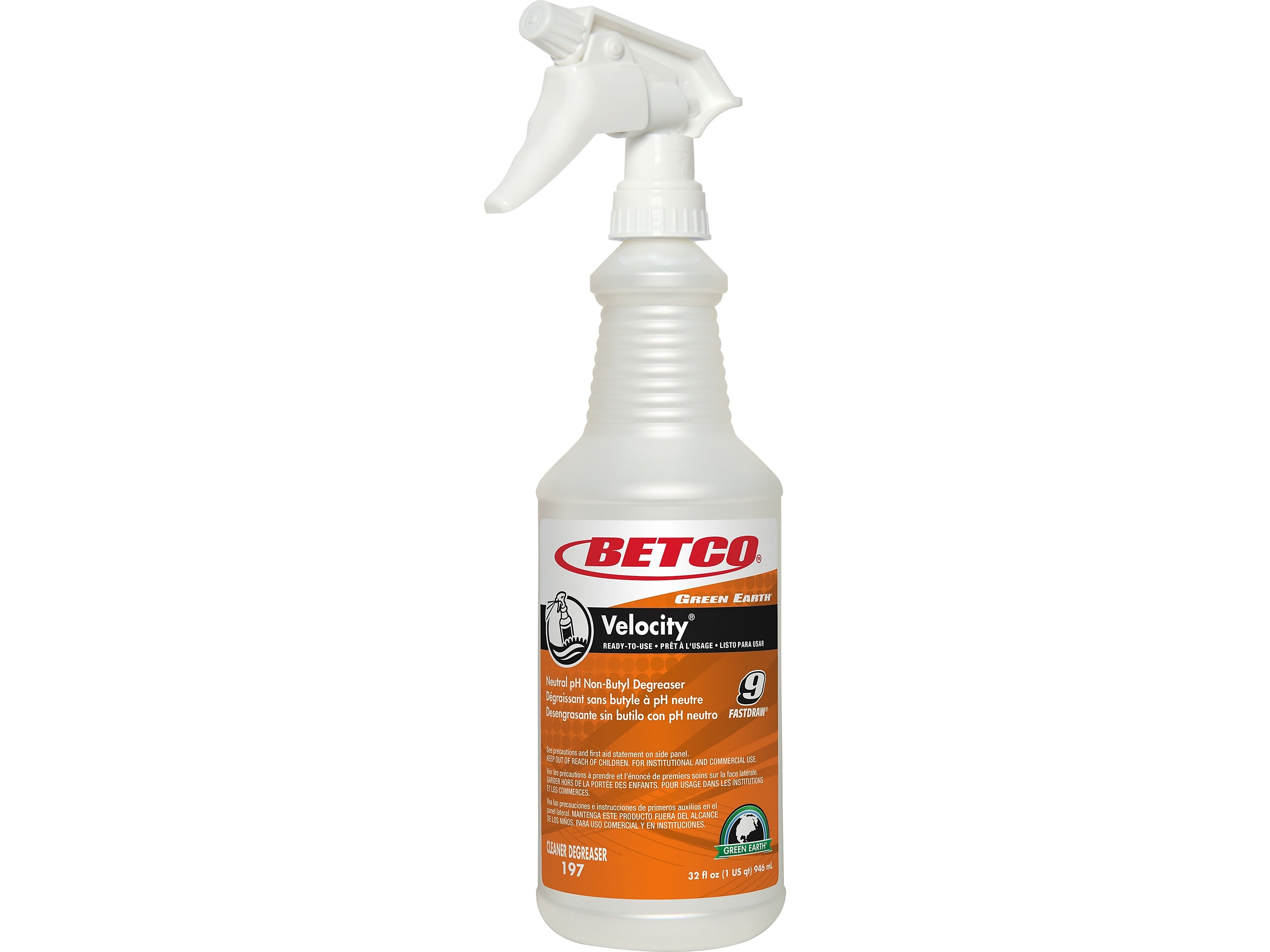 Betco Green Earth Velocity 32 oz. Spray Bottle with Trigger, White/Orange, 12/Carton (1973200)