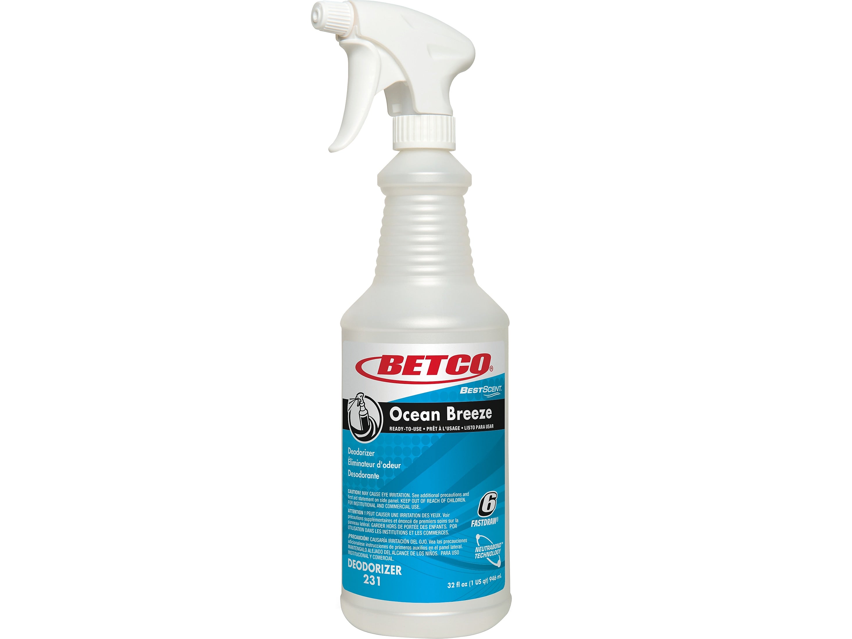 Betco Ocean Breeze 32 oz. Spray Bottle with Trigger, White/Blue, 12/Carton (2313200)