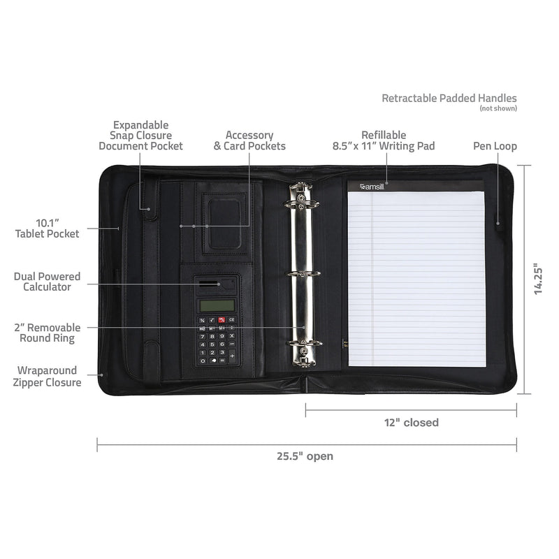 Samsill Leather Zippered Padfolio, Black (15670)