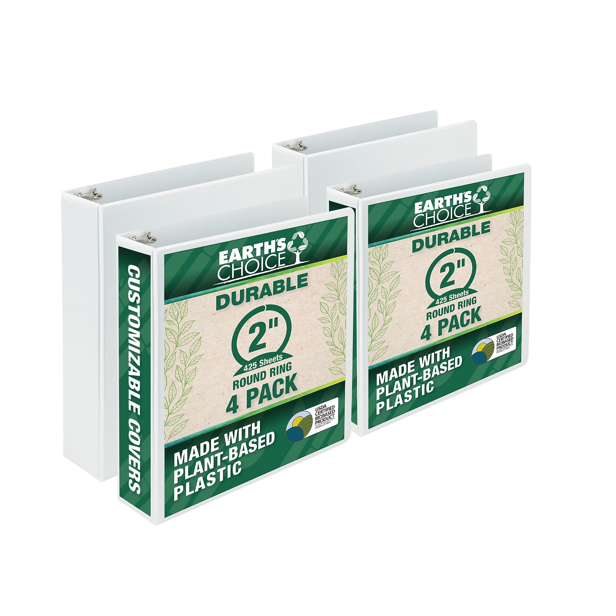 Samsill Earth's Choice Plant-Based Durable 2" View Binders, 3 Ring Binder, Made in USA, White, 4/Pack (I08967)