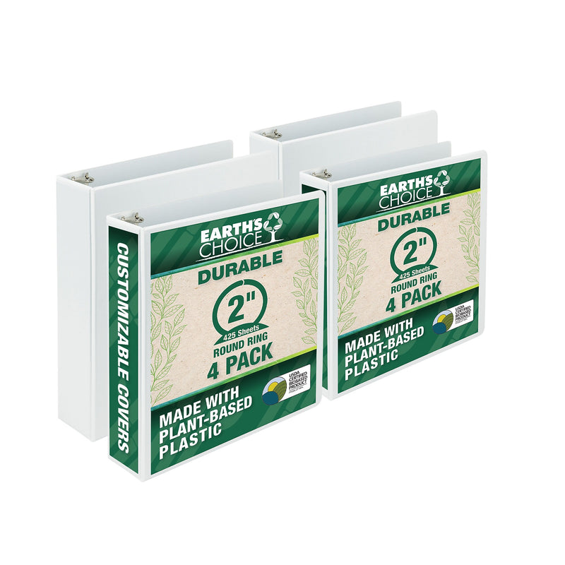 Samsill Earth's Choice Plant-Based Durable 2" View Binders, 3 Ring Binder, Made in USA, White, 4/Pack (I08967)