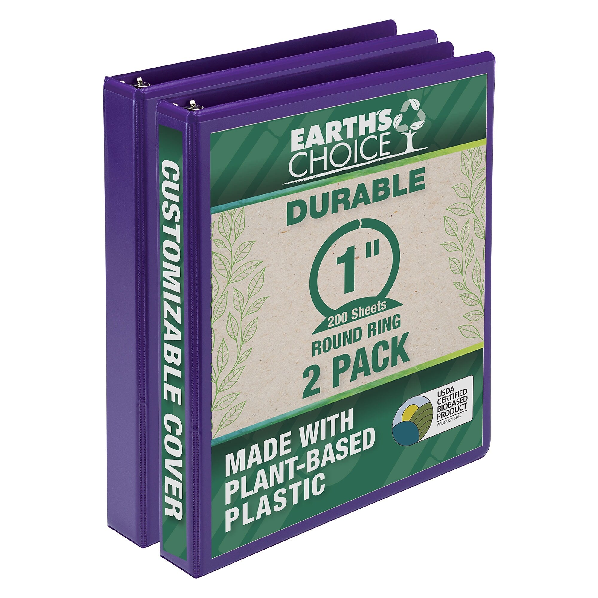 Samsill Earth's Choice 1"  View Binders, 3-Ring, Made in USA, Purple, 2/Pack (U86308)