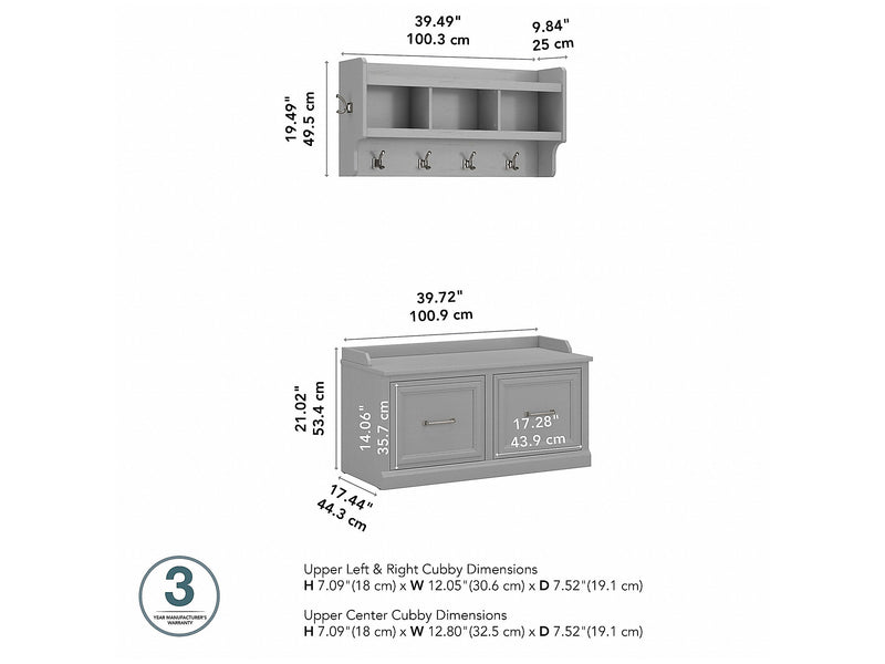 Bush Furniture Woodland 40W Shoe Storage Bench with Doors and Wall Mounted Coat Rack, Cape Cod Gray (WDL003CG)
