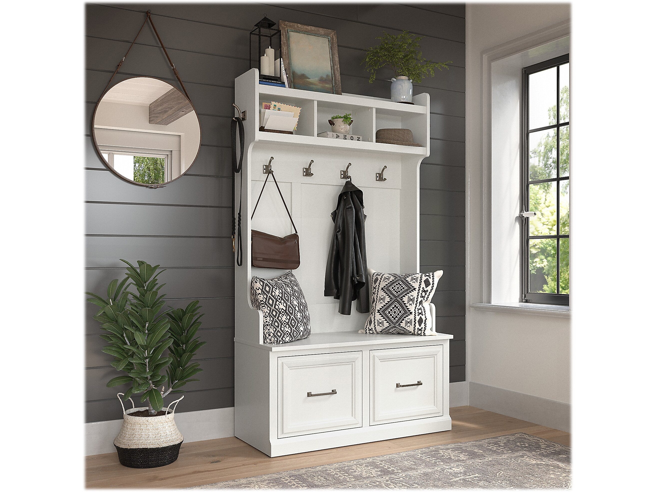 Bush Furniture Woodland 40W Hall Tree and Shoe Storage Bench with Doors, White Ash (WDL001WAS)