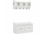 Bush Furniture Woodland 40W Shoe Storage Bench with Doors and Wall Mounted Coat Rack, White Ash (WDL003WAS)