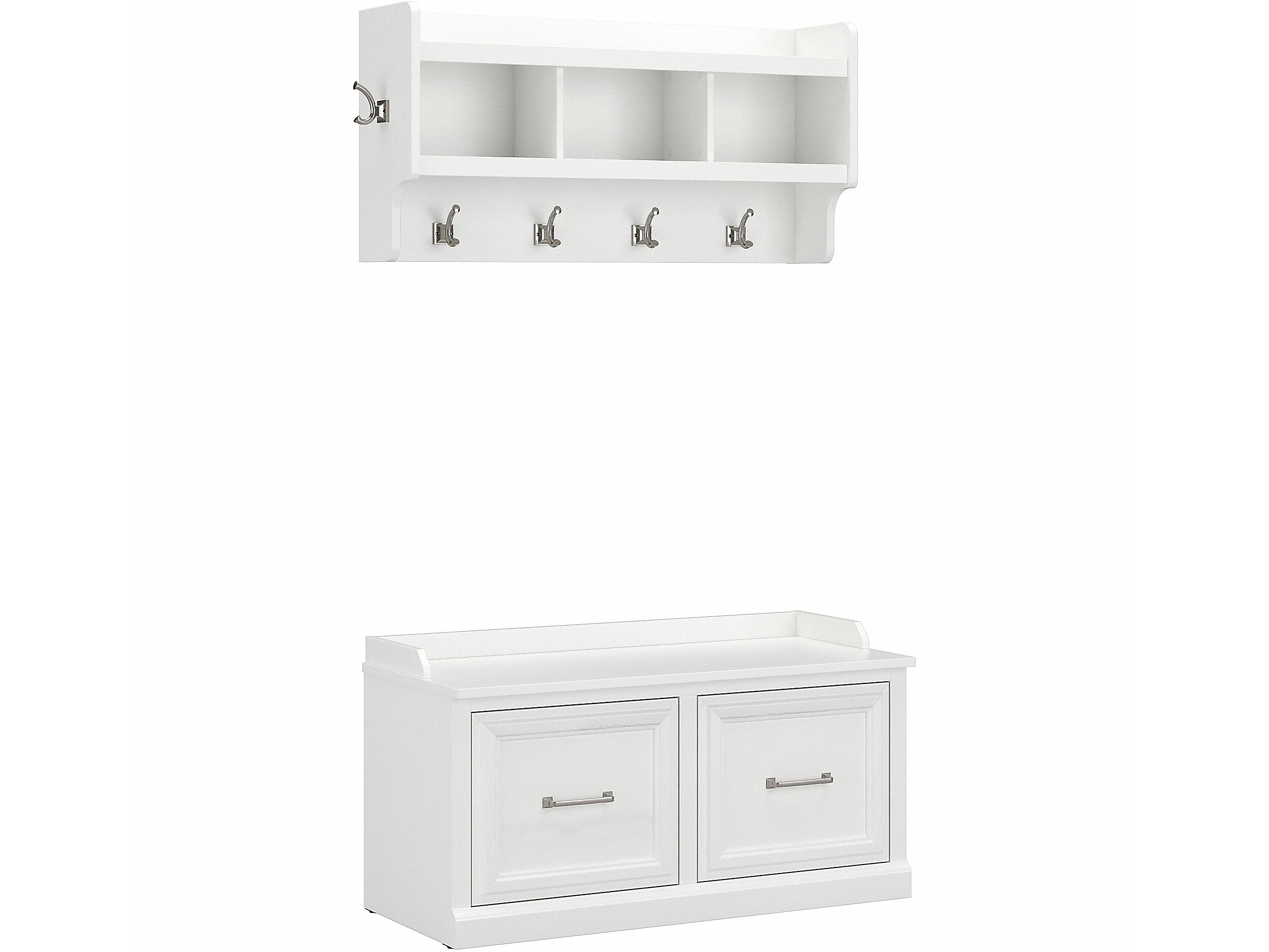 Bush Furniture Woodland 40W Shoe Storage Bench with Doors and Wall Mounted Coat Rack, White Ash (WDL003WAS)