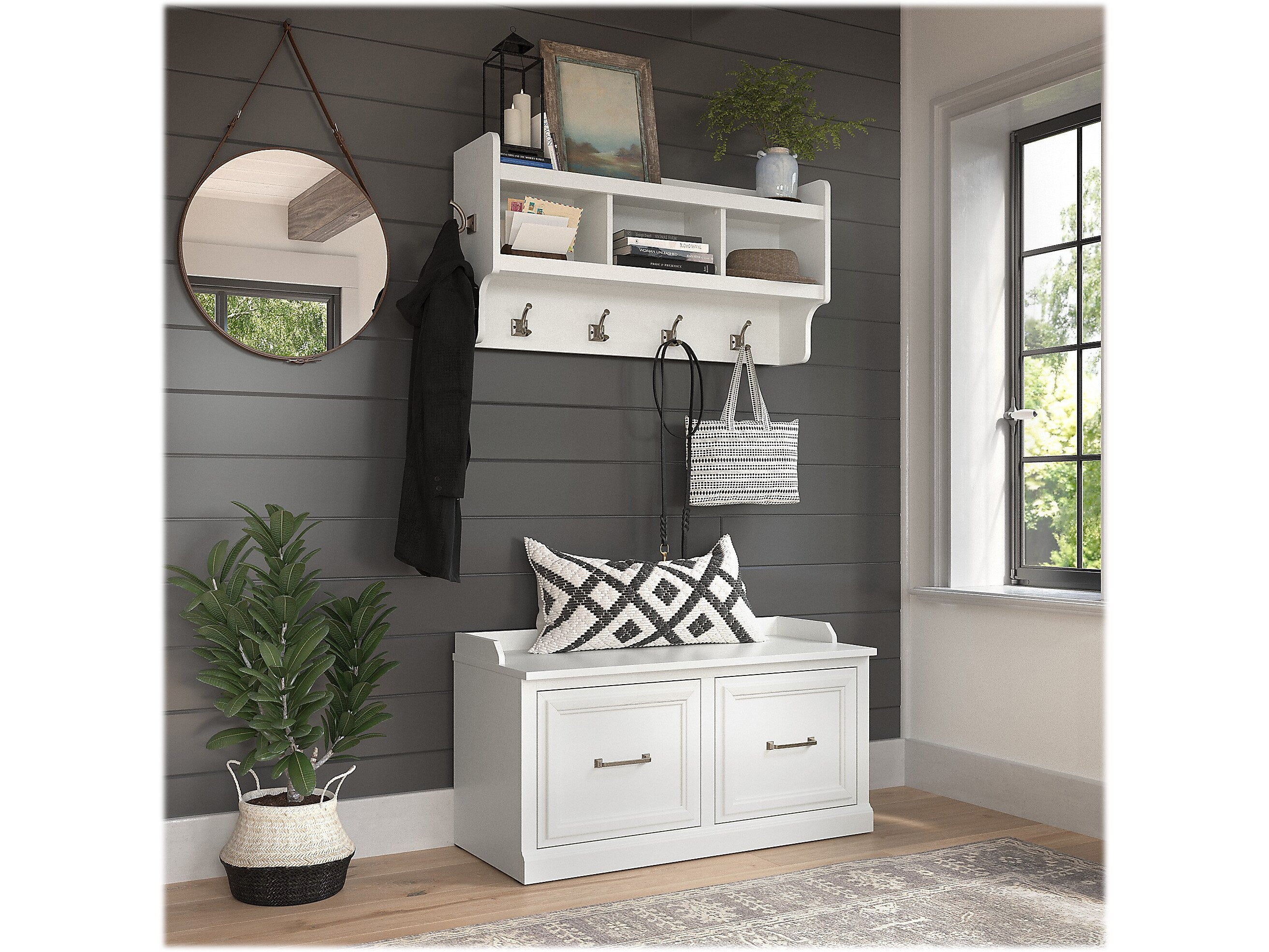 Bush Furniture Woodland 40W Shoe Storage Bench with Doors and Wall Mounted Coat Rack, White Ash (WDL003WAS)