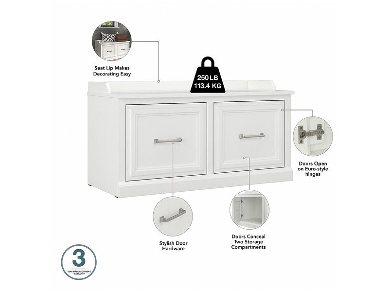 Bush Furniture Woodland 40W Shoe Storage Bench with Doors and Wall Mounted Coat Rack, White Ash (WDL003WAS)
