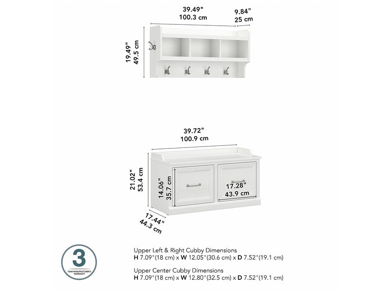 Bush Furniture Woodland 40W Shoe Storage Bench with Doors and Wall Mounted Coat Rack, White Ash (WDL003WAS)