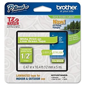 Brother P-touch TZe-MQG35 Laminated Label Maker Tape, 1/2" x 16-4/10', White on Lime Green (TZe-MQG35)