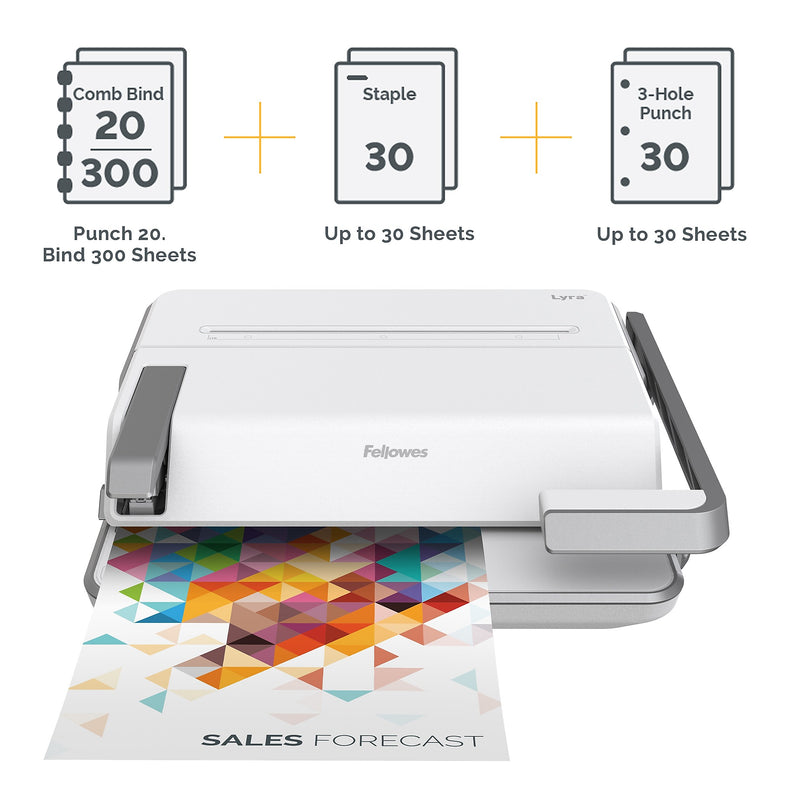 Fellowes Lyra Patented 3-in1 Comb Binding Machine, 30 Sheet Capacity, White/Gray (5603001)