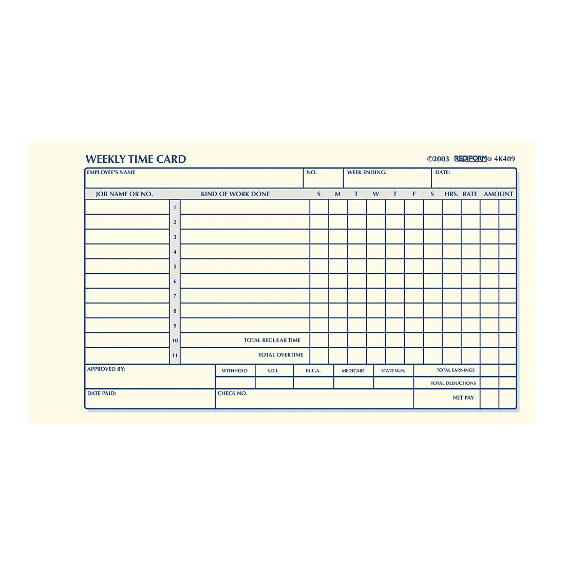 Rediform Weekly Time Card Pad, 100 Cards/Pad (4K409)