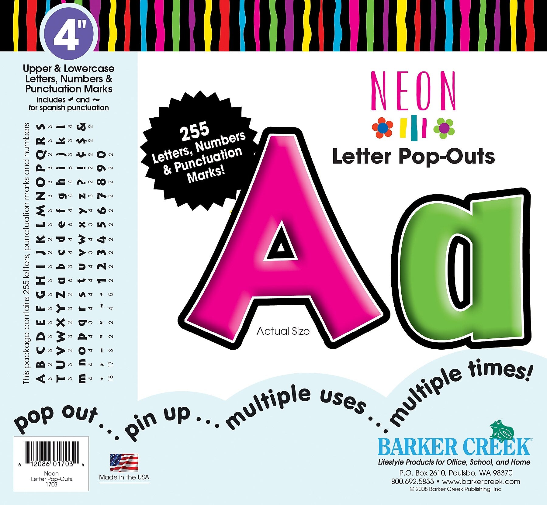 Barker Creek Neon  4" Letters and Numbers, Multicolored, 255/Pack (LL1703)