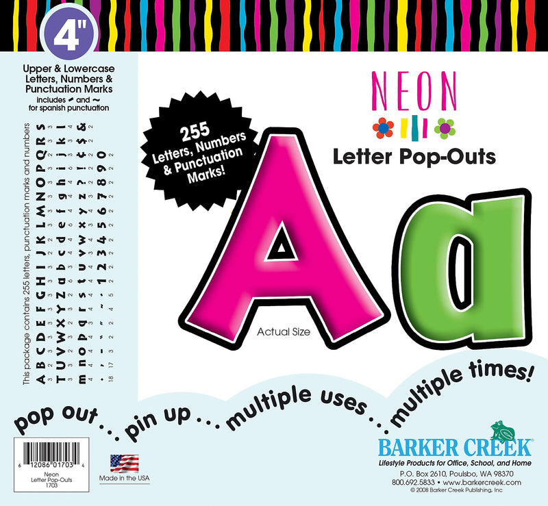 Barker Creek Neon  4" Letters and Numbers, Multicolored, 255/Pack (LL1703)