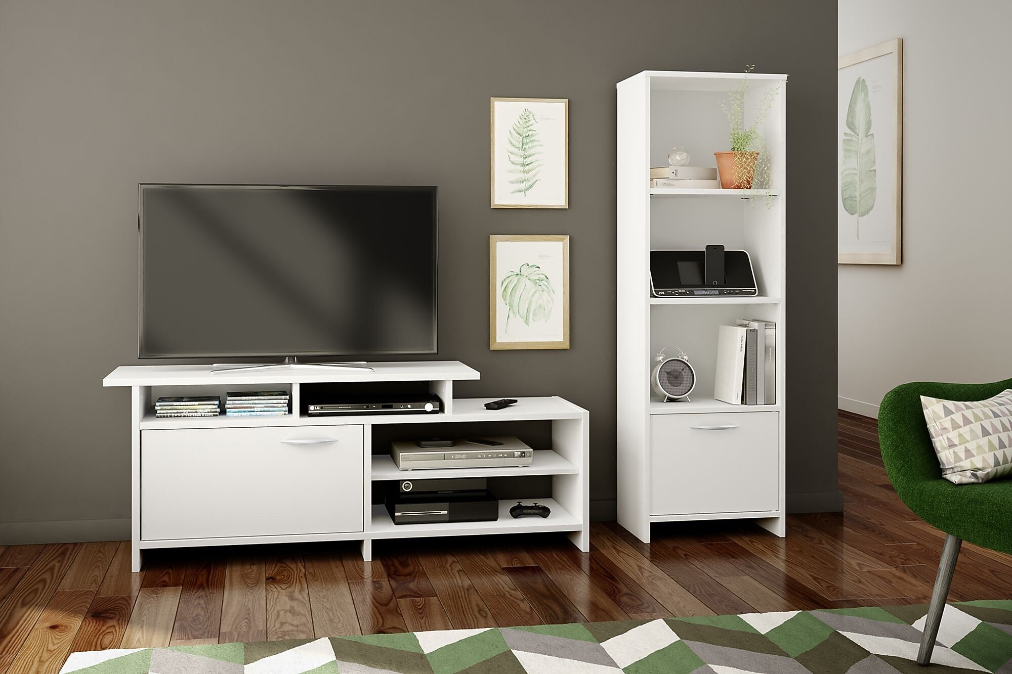 South Shore Step One Narrow 3-Shelf Bookcase with Door, Pure White (10249)